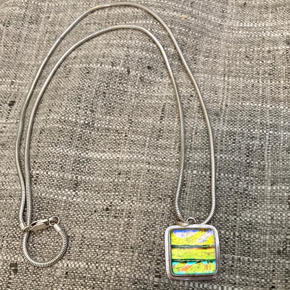 24" Snake Sterling Silver Necklace Green Dichroic Glass Art - Picture 3 of 4